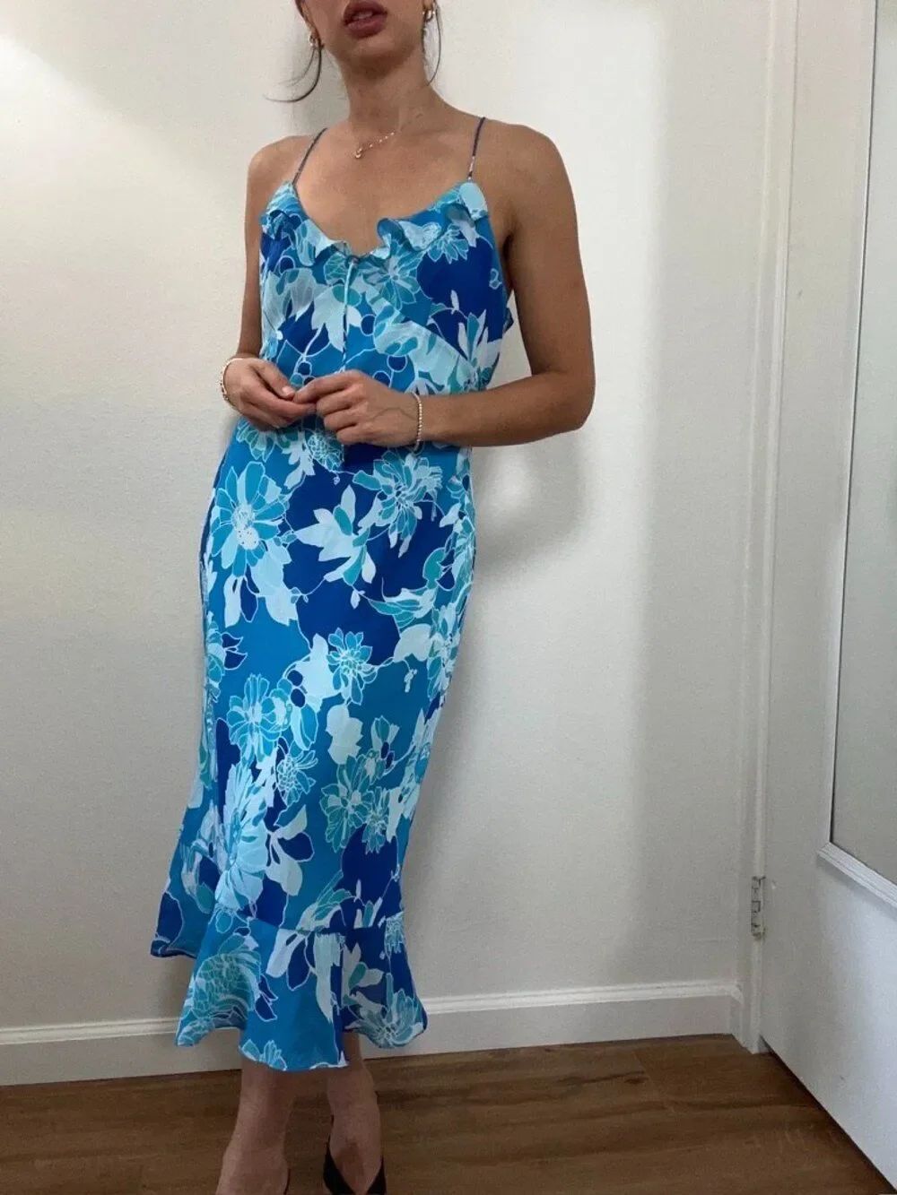 Vintage Y2K Express Blue Floral Ruffle Spaghetti Strap Midi Dress Size M